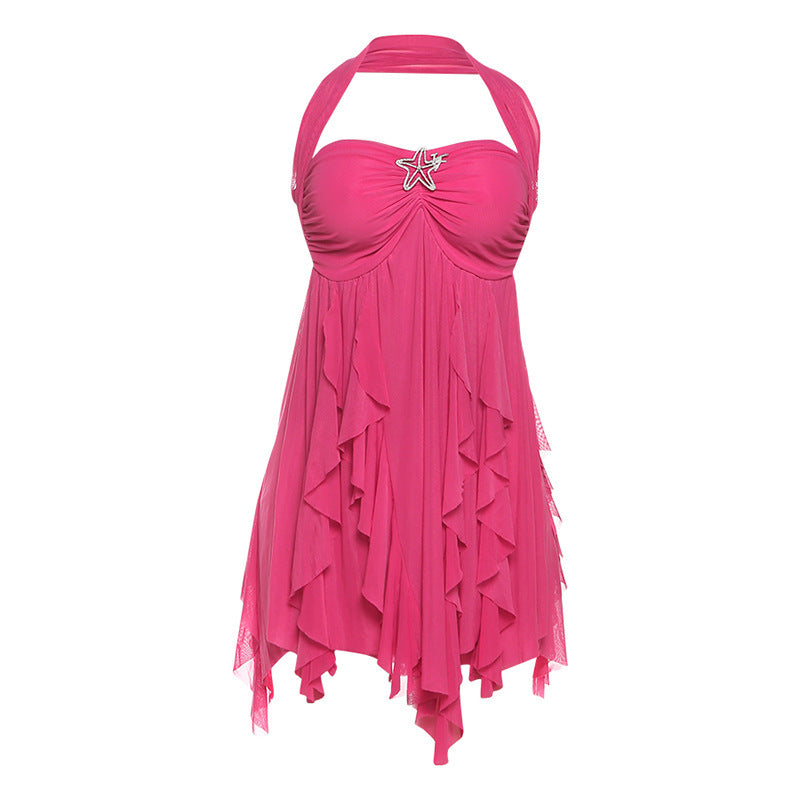 Ins Halter Neck Backless Dress Summer Sexy Printed Irregular Mesh Short Dresses For Evening Party Club Women's Garments Apparel / Clothing