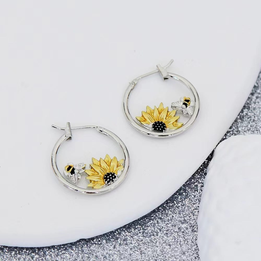 Sunflower Bee Round Ring Earrings Color Meiko Jewelry & Accessories
