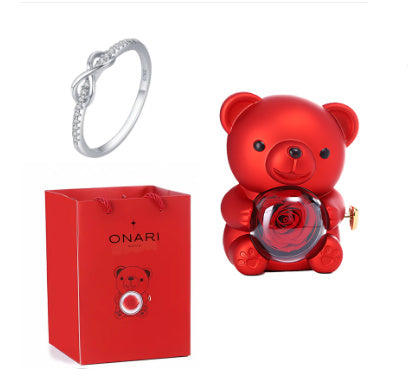 Eternal Rose Teddy Bear Gift Box with Necklace – Rotating Rose Jewelry Box & Storage Case for Women & Girlfriend, Perfect for Valentine's Day, Wedding & More