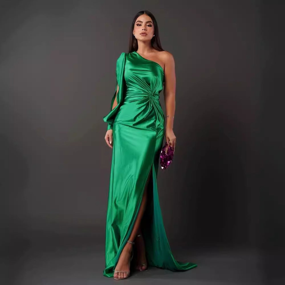 Women's One-shoulder Split Dress Ins Fashion Long-sleeved Slim Long Dresses Party Evening Women's Garments Apparel / Clothing