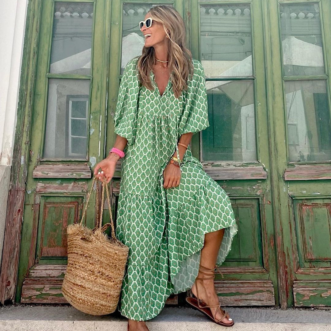 Summer Women's Vintage Printed Bohemian Dress Elegant Ladies Casual Loose V-Neck Short Sleeve Long Dresses Women's Garments Apparel / Clothing