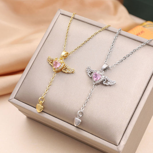 Moving Cupid Heart Angel Wings Tassel Necklace With Crystal Clavicle Chain Women Jewelry Gift Valentine's Day Jewelry/Accessories