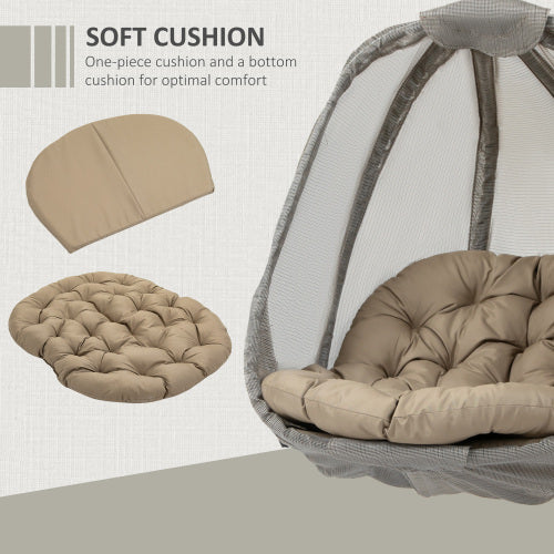 Khaki Outsunny Hanging Egg Chair with Stand, Folding Texteline Swing Hammock with Cushion & Side Pocket, Indoor/Outdoor Garden Patio Furniture