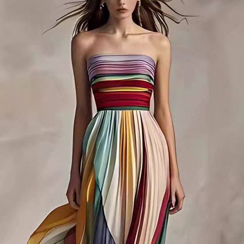 Women's Sexy Tube Top Backless Printed Color Swing Maxi Dress Women's Garments Apparel / Clothing