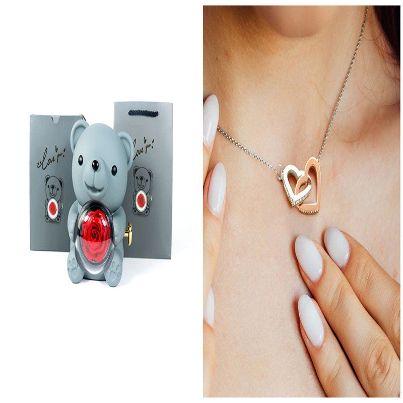Eternal Rose Teddy Bear Gift Box with Necklace – Rotating Rose Jewelry Box & Storage Case for Women & Girlfriend, Perfect for Valentine's Day, Wedding & More