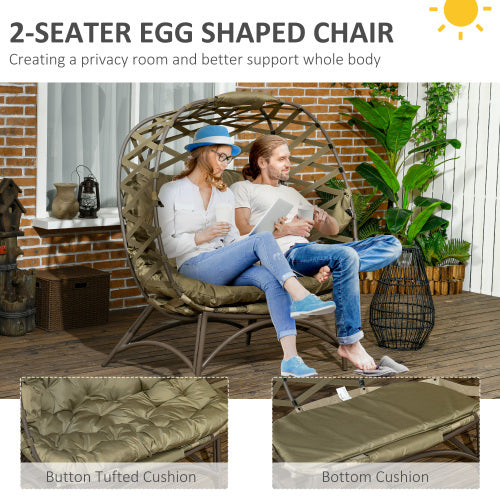 Outsunny 2 Seater Egg Chair Outdoor, Folding Weave Garden Furniture Chair With Cushion, Cup Pockets - Khaki Outdoor Garden Patio Furniture