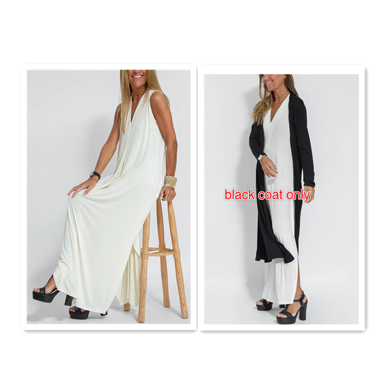 New Solid Color V-neck Sleeveless Dress Long Cardigan Jacket Suit For Women's Garments Apparel / Clothing