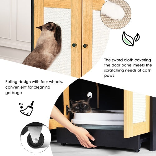 Double Litter Box Enclosure,Cat Litter Box Enclosure For 2 Cats, Hidden Litter Box Furniture With Rattan Doors, 47 L X 19.8 W X 21.8 H,Black Furniture