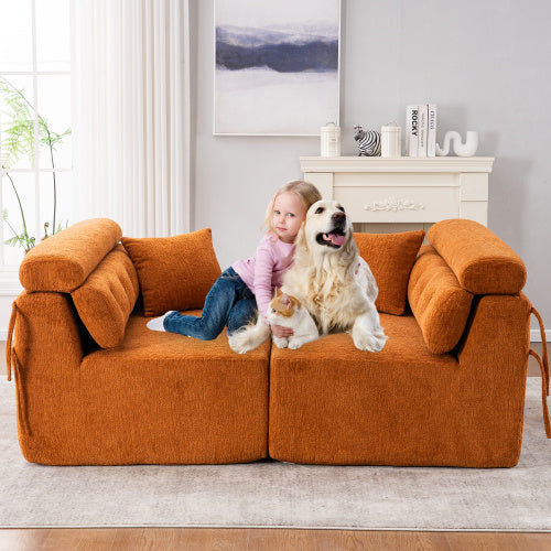 LY-029 ORANGE COMPRESSION SOFA 4-seater Combined Sofa, Wood Grain Chenille Fabric, Full Sponge Compression Sofa,combined Sofa With 2 Pillows For Living Home Furniture Apartment Furniture