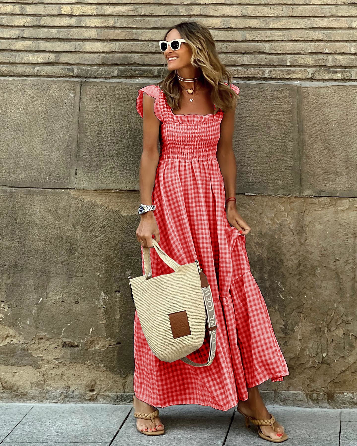Summer Plaid Print Pleated Ruffle Dress INS Fashion Sleeveless A-line Swing Beach Dress Women's Garments Apparel / Clothing