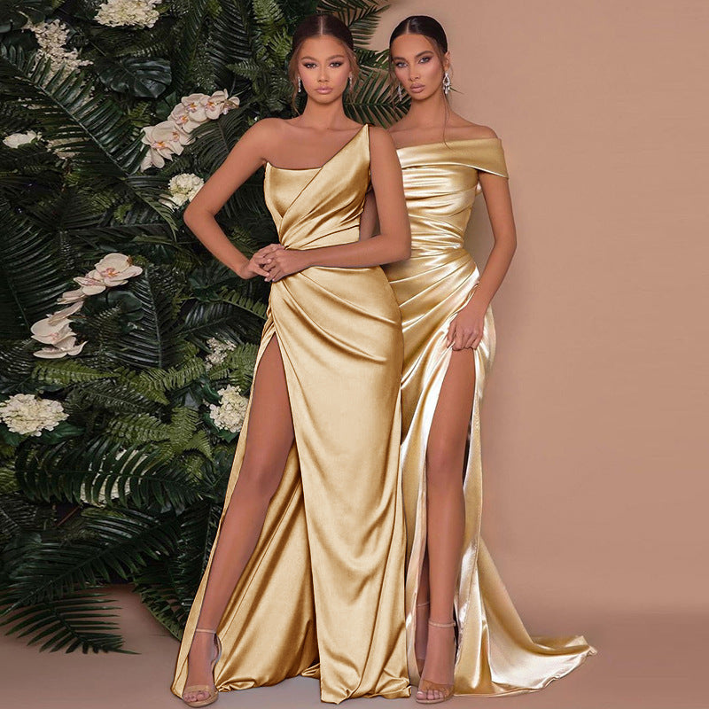 Woven Single Shoulder Fishbone Waistband Slit Dress For Women's Garments Apparel / Clothing