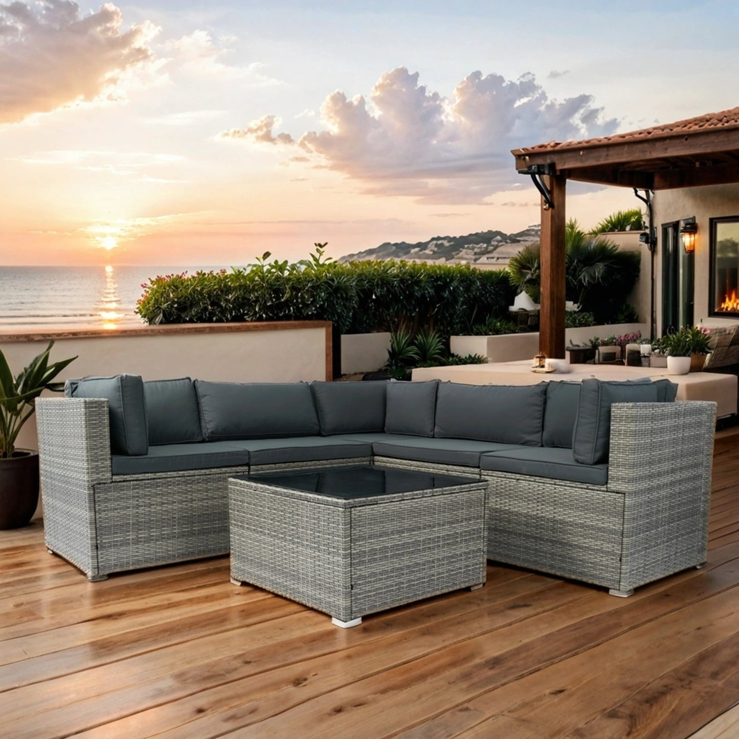 6 Pieces PE Rattan Sectional Outdoor Furniture Cushioned Sofa Set Grey Wicker, Dark Grey Cushion