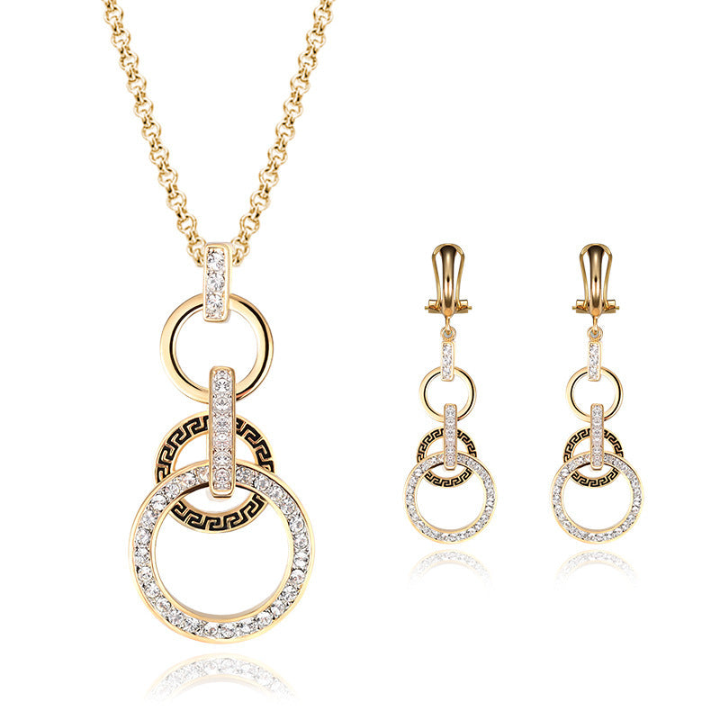 Women’s Zircon Necklace & Earrings Set, Roman Circle Design, 18K Gold Jewelry Accessories