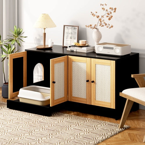 Double Litter Box Enclosure,Cat Litter Box Enclosure For 2 Cats, Hidden Litter Box Furniture With Rattan Doors, 47 L X 19.8 W X 21.8 H,Black Furniture