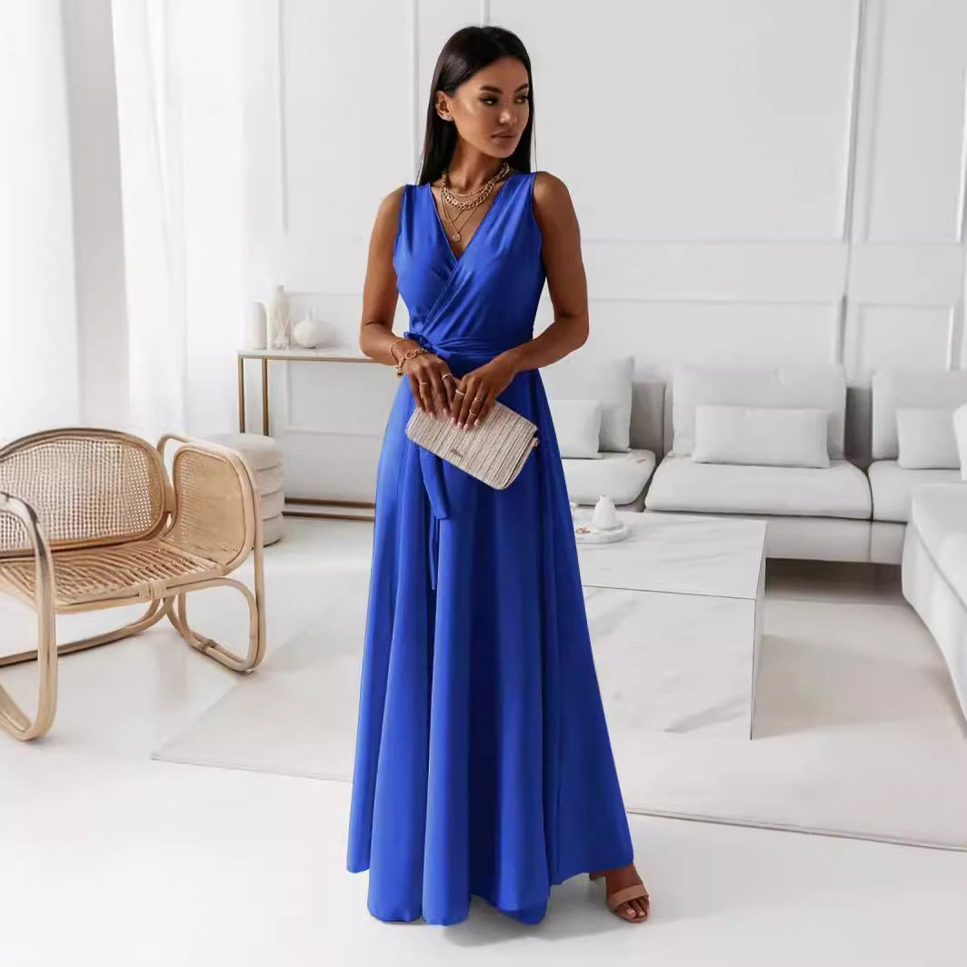 V-neck Sleeveless Dress With Belt Summer Fashion Party Club Evening Maxi Dresses For Women's Garments Apparel / Clothing