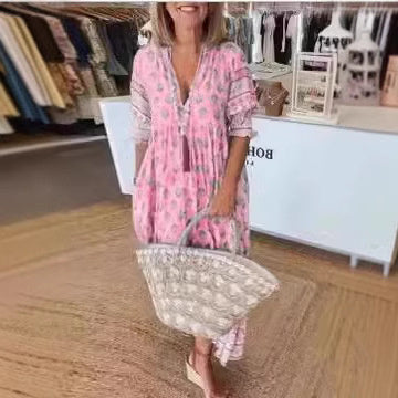 Summer Bohemian Print Lantern-Sleeved Dress Fashion Loose V-Neck Ruffle Long Dress Beach Clothing For Women's Garments Apparel / Clothing