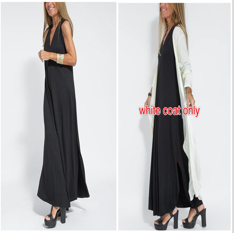 New Solid Color V-neck Sleeveless Dress Long Cardigan Jacket Suit For Women's Garments Apparel / Clothing