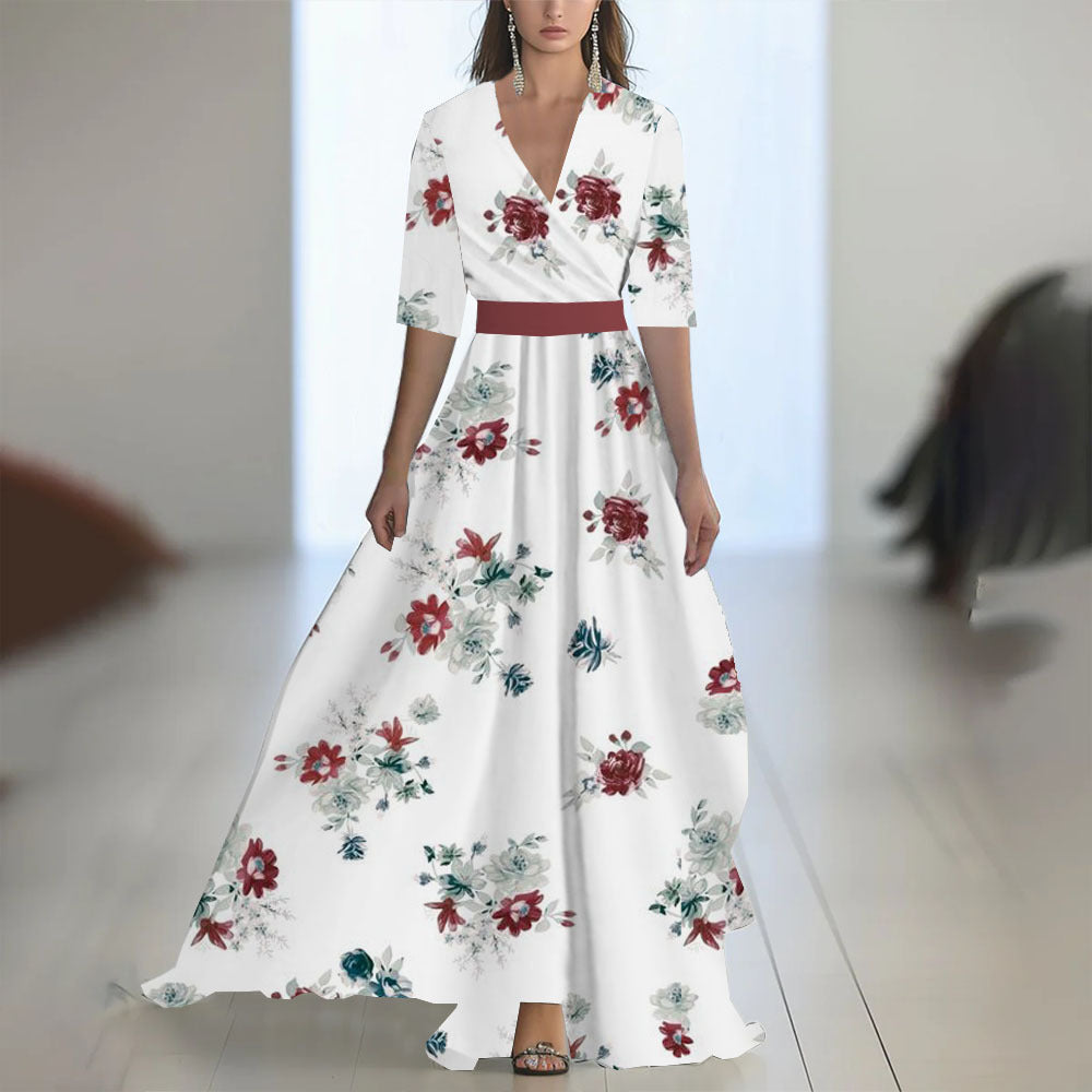 Printed Long Sleeved V-neck Patchwork Dress Women's Garments Apparel / Clothing