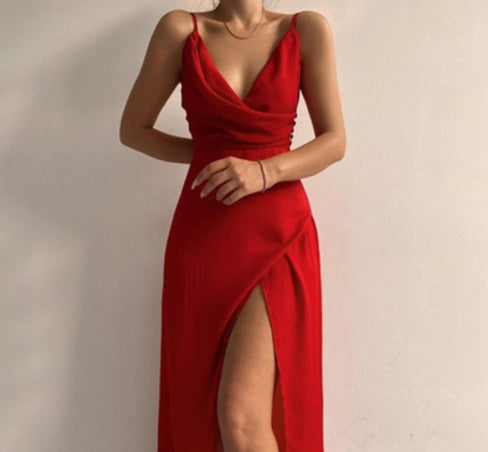 V-neck Slit Sling Dress Summer Fashion Sexy Slim Suspender Dresses For Women's Garments Apparel / Clothing