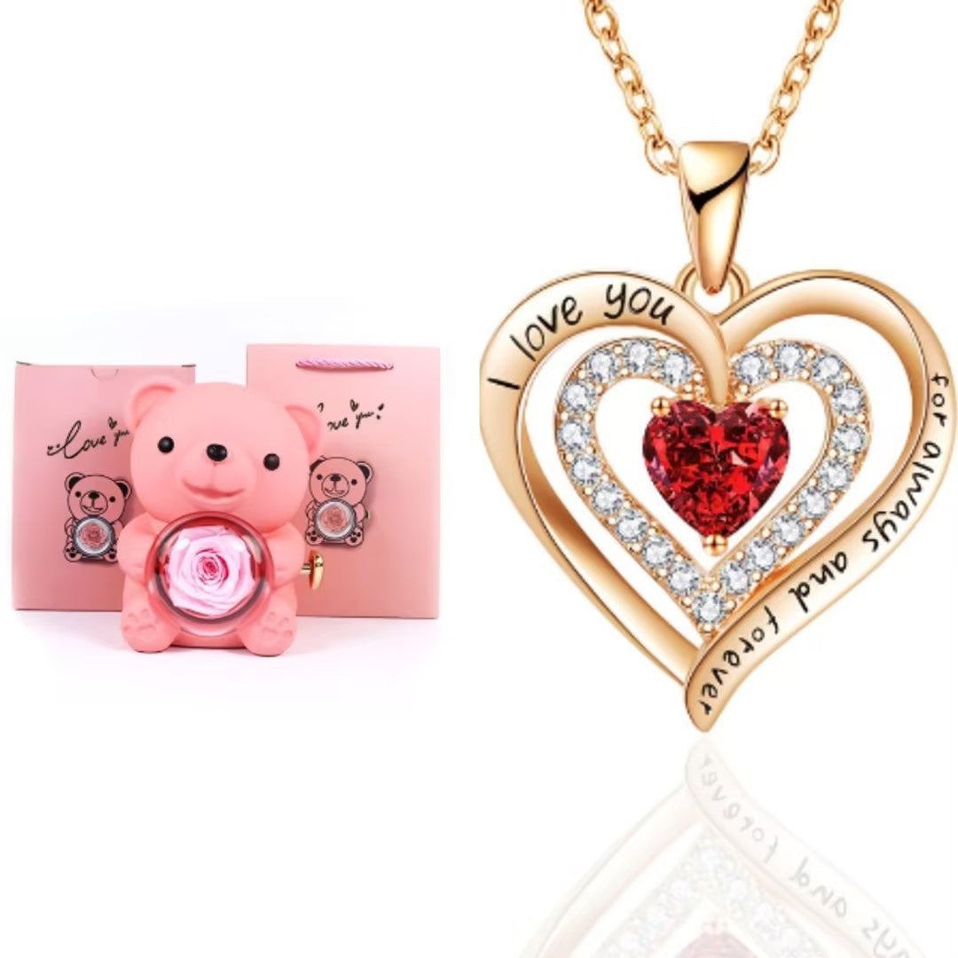 Eternal Rose Teddy Bear Gift Box with Necklace – Rotating Rose Jewelry Box & Storage Case for Women & Girlfriend, Perfect for Valentine's Day, Wedding & More