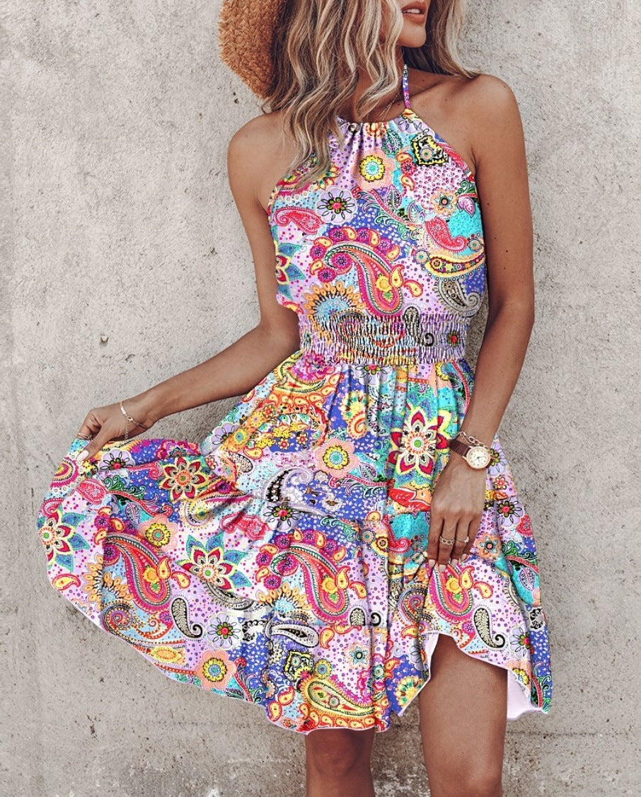 Summer European And American New Printed Halter Dress Women's Garments Apparel / Clothing