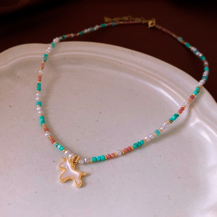 Colorful Stone Stringed Pearls Pendant Necklace All-match Necklace Clavicle Chain Jewelry & Accessories