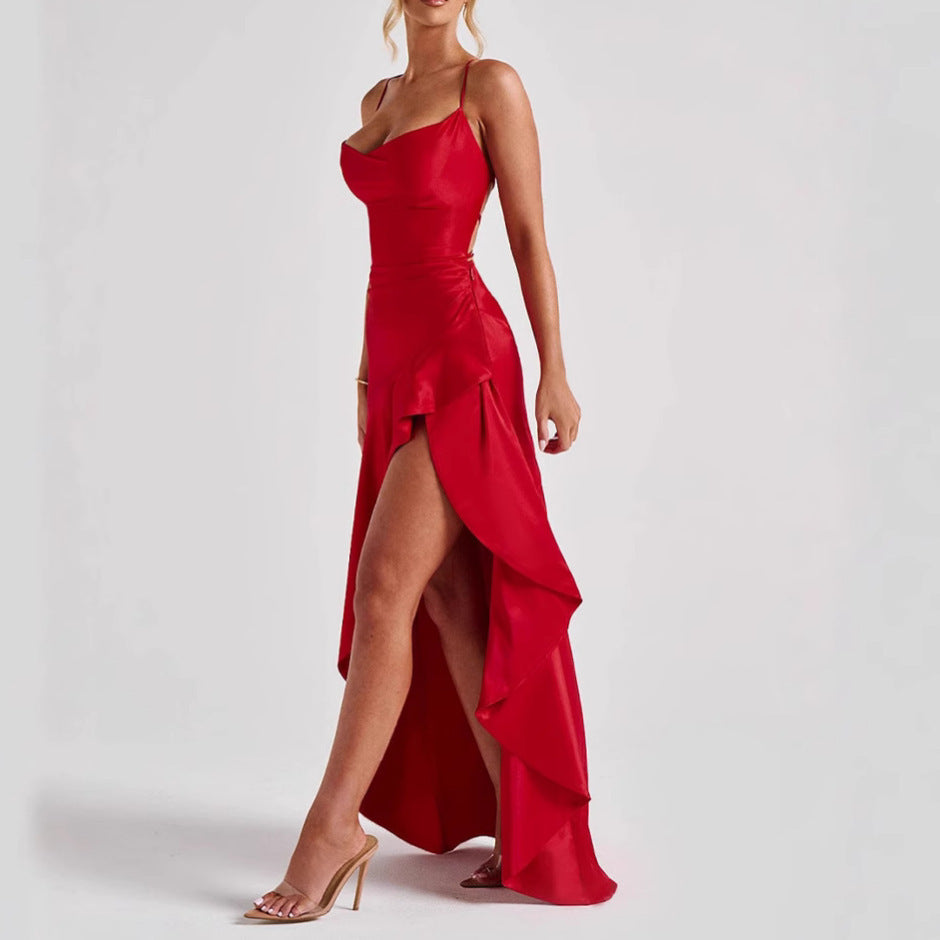 Women's Backless Ruffles Irregular Dress Summer Fashion Evening Party Club Split Suspender Maxi Dresses Clothing Women's Garments Apparel / Clothing