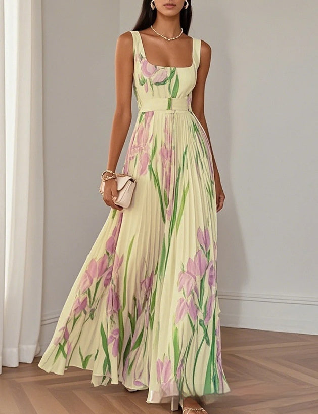 European And American Pleated Printing Dress Women's Garments Apparel / Clothing