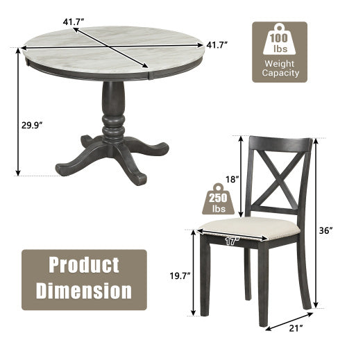 Orisfur. Ensemble table et chaises de salle à manger 5 pièces pour 4 personnes, table de cuisine en bois massif avec 4 chaises.