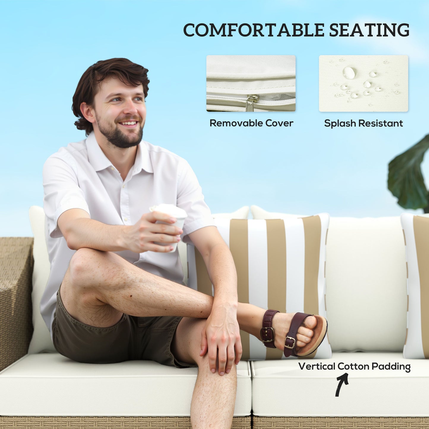Rattan Wicker 3 Seater Patio Couch With Cushions, 2 Throw Pillows, Rattan Sofa, Cream White Outdoor Garden Patio Furniture
