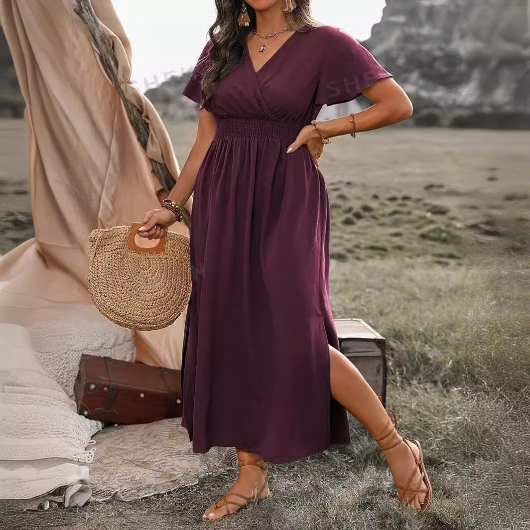 Solid Color And V-neck Bell Sleeve Elastic And Waisted Slimming Slit Long Dress Women's Garments Apparel / Clothing