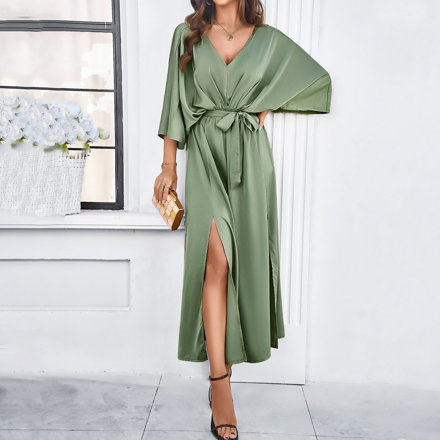 Fashion Bat Sleeve Long-sleeved V-neck Dress With Split Design Temperament Loose High Waist Lace-up Long Dresses Women's Garments Apparel / Clothing
