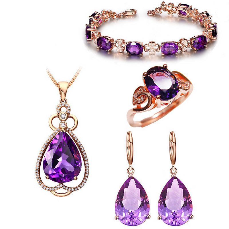 Quality Ear Hook Purple Gemstone Diamond Ring Rose Gold Collarbone Necklace Set Jewelry/Accessories