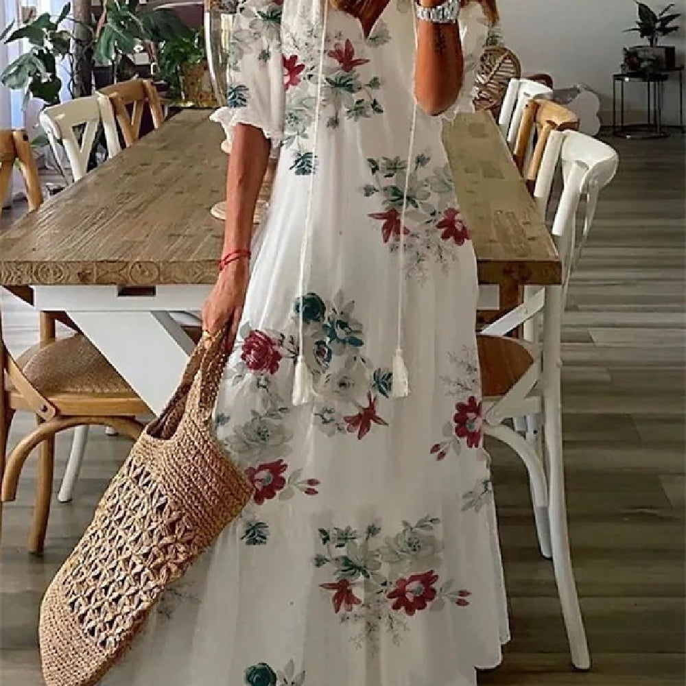 Women's Printed Medium Sleeve Long Dress Women's Garments Apparel / Clothing