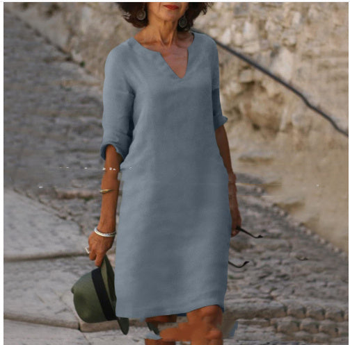 Cotton And Linen V-neck Dress Summer Stitching Retro High Waist Pure Color Dresses Women's Garments Apparel / Clothing