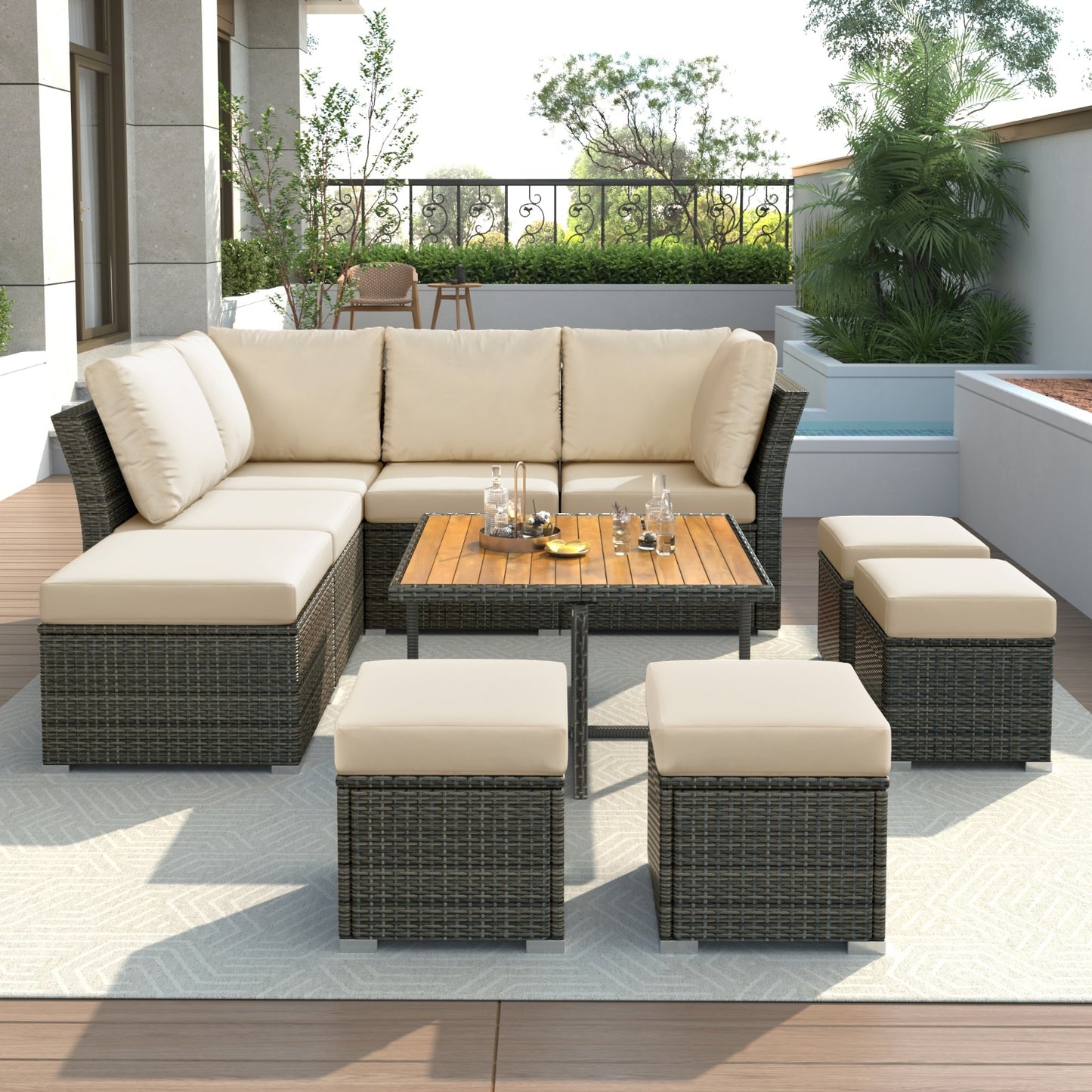 U STYLE Patio Furniture Set 10 Piece Outdoor Conversation Set CoffeeTable With Ottomans Solid Woo