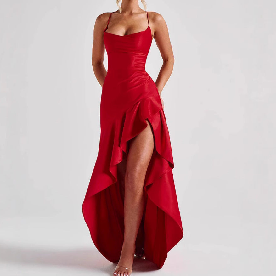 Women's Backless Ruffles Irregular Dress Summer Fashion Evening Party Club Split Suspender Maxi Dresses Clothing Women's Garments Apparel / Clothing