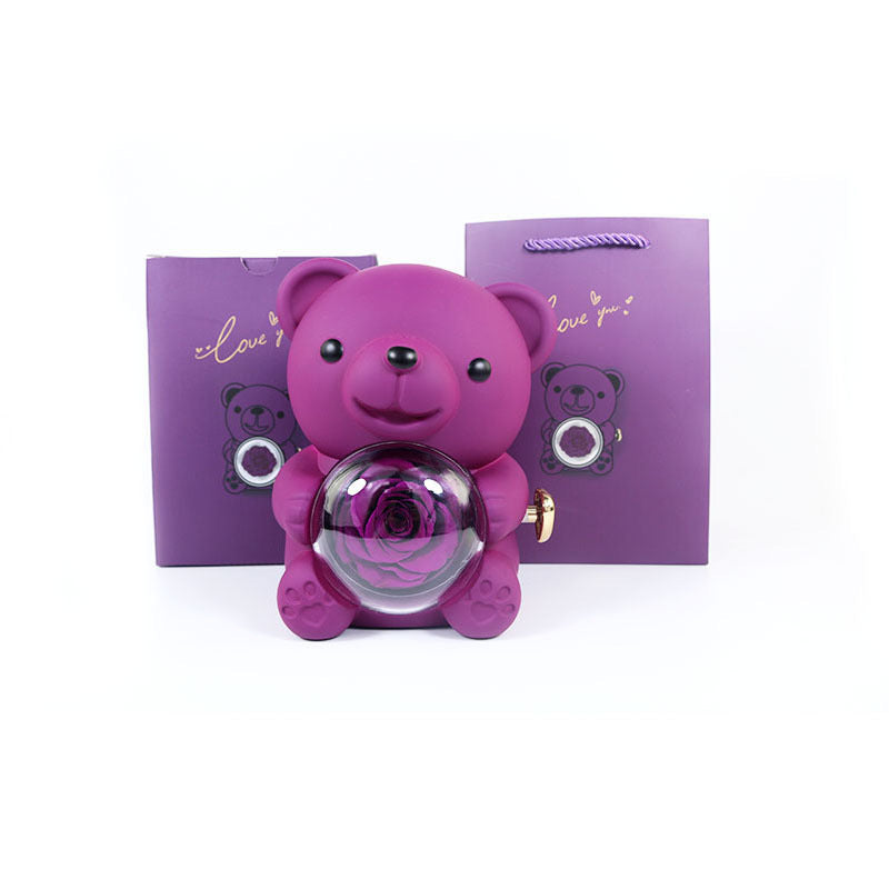 Eternal Rose Teddy Bear Gift Box with Necklace – Rotating Rose Jewelry Box & Storage Case for Women & Girlfriend, Perfect for Valentine's Day, Wedding & More