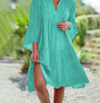 V-neck Flared Sleeve Cake Style Patchwork Dress Women's Garments Apparel / Clothing