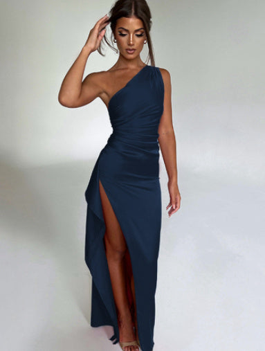Sexy One-shoulder Backless Slit Dress Summer Elegant Slim-fit Solid Color Satin Dresses For Women's Garments Apparel / Clothing