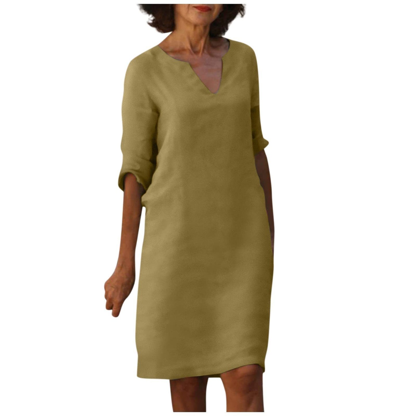 Cotton And Linen V-neck Dress Summer Stitching Retro High Waist Pure Color Dresses Women's Garments Apparel / Clothing
