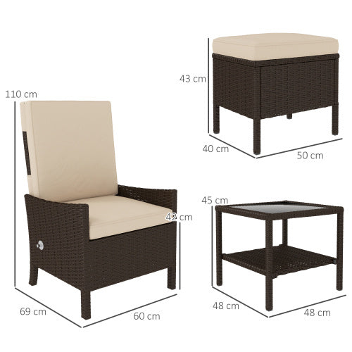 Outsunny 5 Piece Rattan Garden Furniture Set, Wicker Patio Sofa Set With 2 Armchairs, 2 Footstools, Glass Top Coffee Table With Shelf, Outdoor Furniture With Adjustable Backrests, Cushions, Khaki Outdoor Garden Patio Furniture
