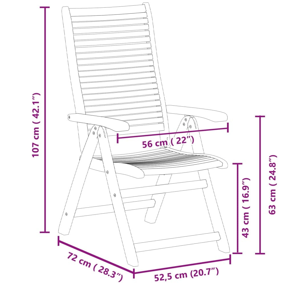 vidaXL Set of 8 Reclining Garden Chairs – Solid Acacia Wood with Oil Finish, Manual 5-Position Recliner, Foldable & Weather-Resistant, 56x72x107 cm Outdoor Garden Patio Furniture