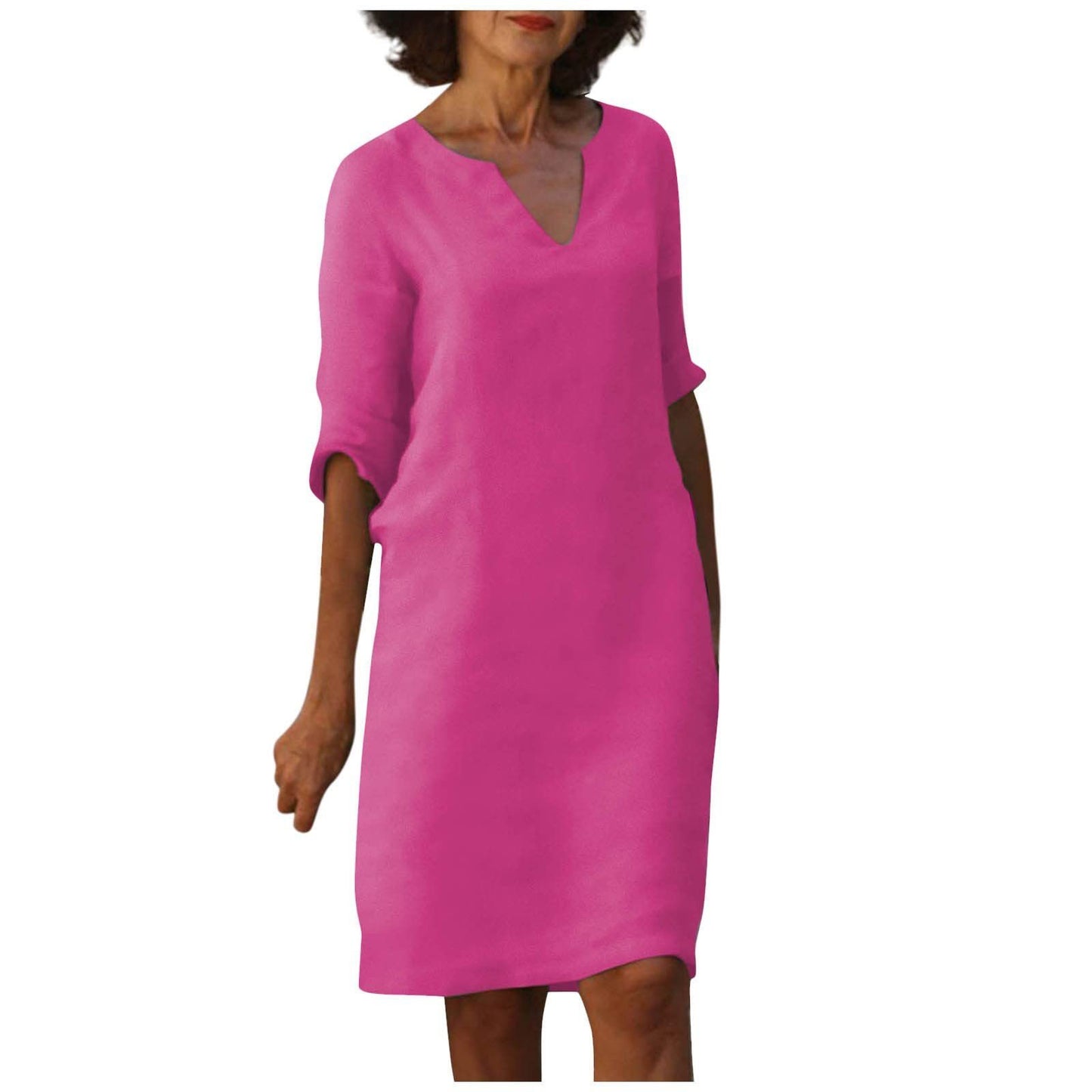 Cotton And Linen V-neck Dress Summer Stitching Retro High Waist Pure Color Dresses Women's Garments Apparel / Clothing