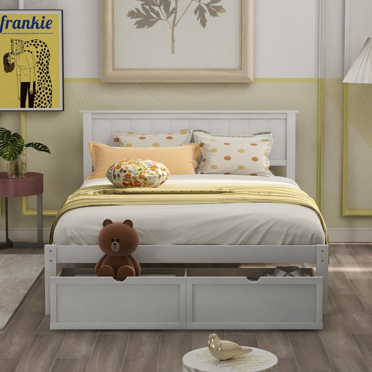 Full Size Platform Bed With Under-bed Drawers, White