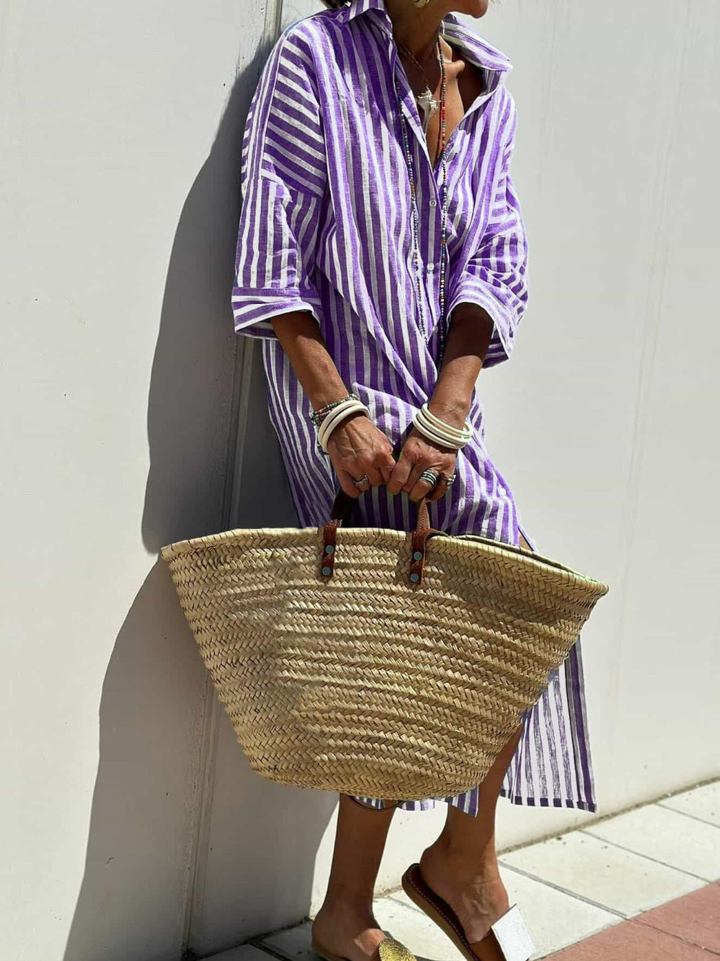 Striped Shirt Dress With Belt Fashion Half-sleeved Lapel Button Cardigan Dresses Women's Garments Apparel / Clothing