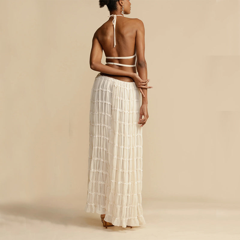 2pcs Women's Dress Suit Sexy Sleeveless Backless Cropped Halter Top And Pleated Long Skirt Beach Women's Garments Apparel / Clothing