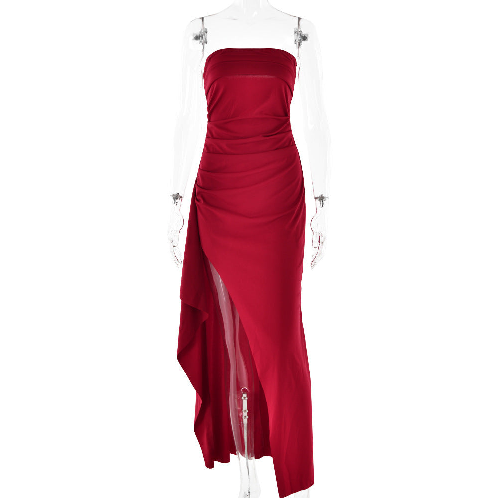 Strapless Split Long Dress Summer Fashion Pleated Bridesmaid Dress For Womens Party Women's Garments Apparel / Clothing