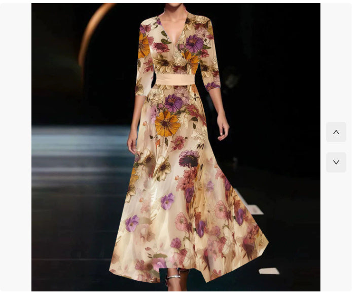 Summer V-neck Split Short-sleeved Dress Fashion Flower Print A-line Long Dresses Party Club Beach Clothing For Women's Garments Apparel / Clothing