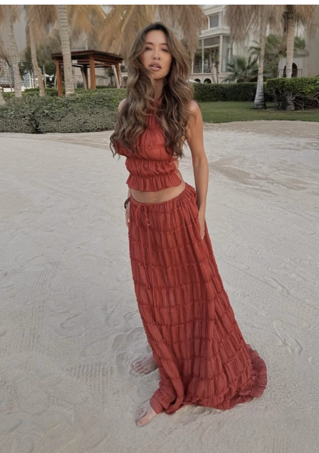 2pcs Women's Dress Suit Sexy Sleeveless Backless Cropped Halter Top And Pleated Long Skirt Beach Women's Garments Apparel / Clothing